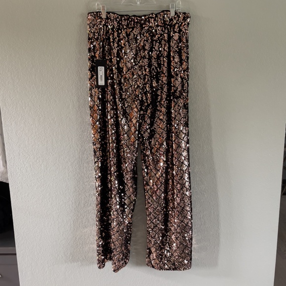 NWT Gabrielle Union for NY&Co Bronze Sequin Palazzo Wide Leg Pants Size L - Picture 3 of 4